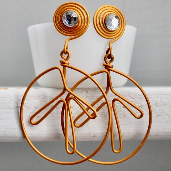 Vintage Jewelry - Vintage 90s Aluminum Wrap Wire Peace Sign Rhinestone Pierced Earrings NWT